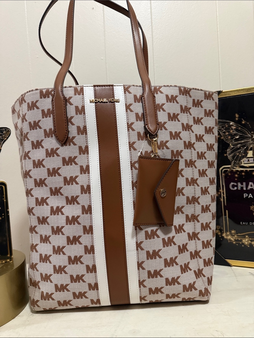 Michael Kors Jacquard Logo Tan and White MK Tote with Card Pouch